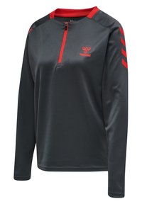 Mörkgrå långärmad sporttröja med röd krage och dragkedja. Har röda detaljer och ränder på ärmarna, tillverkad av ventilerande tyg.