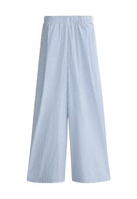 Pantalon large à rayures verticales bleu clair et blanc, taille élastique, longueur cheville, style décontracté.