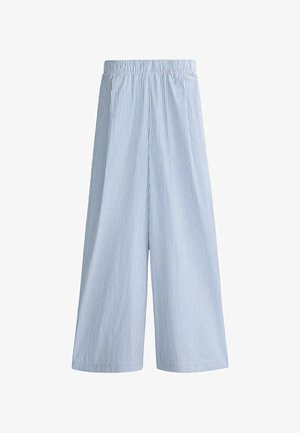 Pantaloni a gamba larga a righe verticali azzurro chiaro e bianco, con vita elastica, lunghezza alla caviglia, stile casual.