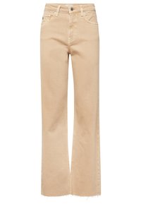 Jean droits beiges avec ourlet brut, taille haute, fermeture à bouton et zip à l'avant, et conception standard à cinq poches.