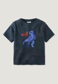 Navyblaue Baumwoll-T-Shirt mit einem Grafikmotiv eines blauen Dinosauriers mit roten Akzenten und dem Text "I AM ROOAR SOME" in Rot. Kurzarm.
