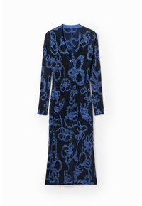 Długi kardigan w ciemnoniebieskim kolorze z teksturowanym kwiatowym wzorem w jaśniejszym niebieskim. Posiada zapięcie na guziki i długie rękawy.