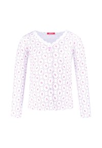 White cardigan with long sleeves, featuring a floral pattern in pink and purple, scalloped neckline, and button closure at the front.