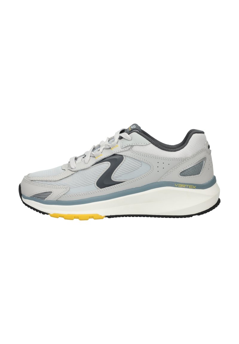 Gray athletic shoe featuring a mesh upper, yellow accents on the sole, a padded collar, and black rubber outsole for traction.