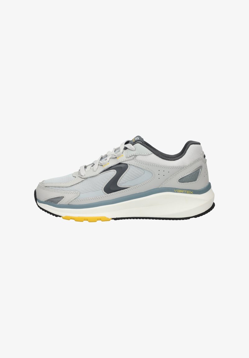 Gray athletic shoe featuring a mesh upper, yellow accents on the sole, a padded collar, and black rubber outsole for traction.