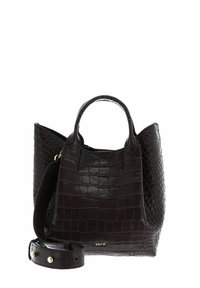 Sac en cuir gaufré crocodile marron foncé avec deux poignées arrondies et une bandoulière amovible. Détails subtils de marque en or.