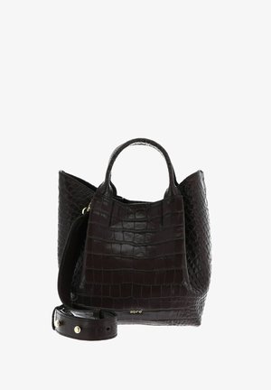 Sac en cuir gaufré crocodile marron foncé avec deux poignées arrondies et une bandoulière amovible. Détails subtils de marque en or.