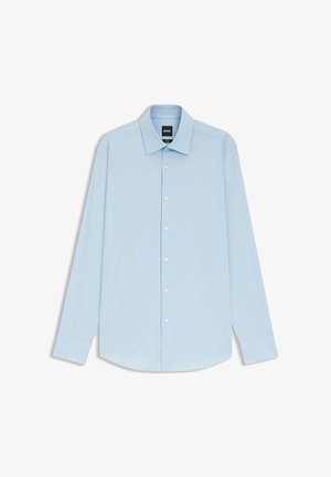 Lyseblå skjortekjole lavet af glat stof, med klassisk krave, lange ærmer og knapper foran.