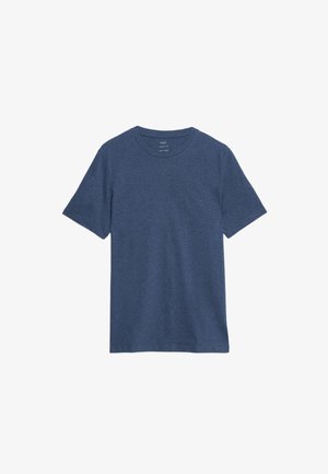 T-shirt bleu marine à manches courtes avec col rond, fabriqué en tissu mélangé de coton doux. Texture lisse avec un minimum de détails et une coupe classique.