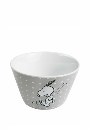 Gray bowl with white polka dots featuring a black and white cartoon dog jumping on the side, white interior, rounded shape.