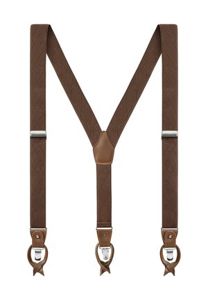 Ruskeat säädettävät kangaskallistukset nahkaosilla ja hopeisilla metalliklipseillä, aseteltu Y-muotoon valkoisella taustalla.