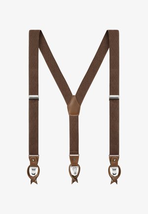 Braune verstellbare Stoffhosenträger mit Lederakzenten und silbernen Metallclips, in Y-Form auf weißem Hintergrund angeordnet.