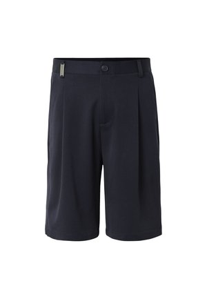 Mørk marineblå skræddersyede shorts med knap- og lynlåslukning, bæltestropper og sidelommer.