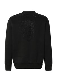 Sweat-shirt noir à manches longues avec poignets et ourlet côtelés, présentant un motif subtil de flèche en pointillé au centre du dos.