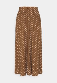 Bruine midi rok met stippen, gemaakt van zachte stof, met een knoopsluiting aan de voorkant en een elastische tailleband voor een comfortabele pasvorm.