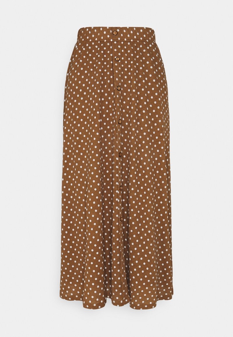 Bruine midi rok met stippen, gemaakt van zachte stof, met een knoopsluiting aan de voorkant en een elastische tailleband voor een comfortabele pasvorm.