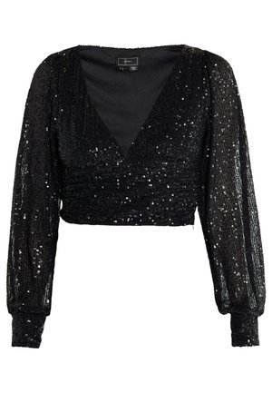Top corto negro con mangas largas y abullonadas, con un escote en V profundo y cubierto de lentejuelas para un efecto brillante.