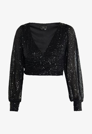 Top corto negro con mangas largas y abullonadas, con un escote en V profundo y cubierto de lentejuelas para un efecto brillante.