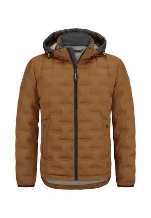 Braune gepolsterte Jacke mit Kapuze, ausgestattet mit einem Frontreißverschluss, elastischen Bündchen und Seitentaschen. Ge quiltete Textur und graue Innenauskleidung.