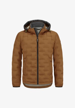 Braune gepolsterte Jacke mit Kapuze, ausgestattet mit einem Frontreißverschluss, elastischen Bündchen und Seitentaschen. Ge quiltete Textur und graue Innenauskleidung.