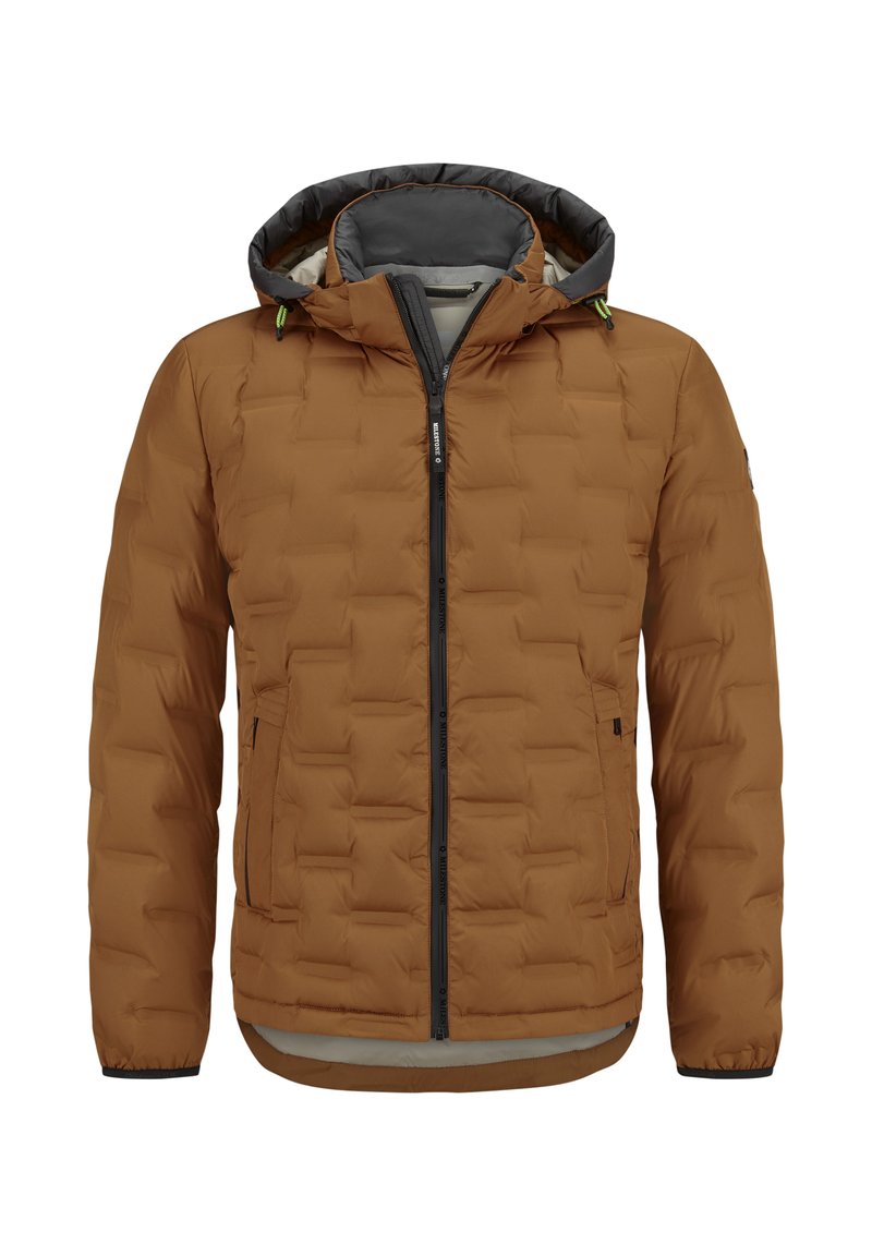 Braune gepolsterte Jacke mit Kapuze, ausgestattet mit einem Frontreißverschluss, elastischen Bündchen und Seitentaschen. Ge quiltete Textur und graue Innenauskleidung.