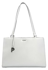 Weißes Lederhandtasche mit strukturiertem Design, ausgestattet mit einem dünnen Schultergurt, glatter Textur und einem metallischen Logo mit einem Charme-Detail.