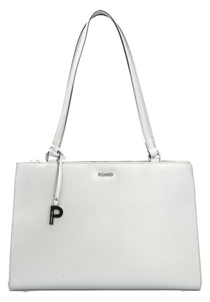 White leather handbag with a structured design, featuring a thin shoulder strap, smooth texture, and a metallic logo with a charm detail.