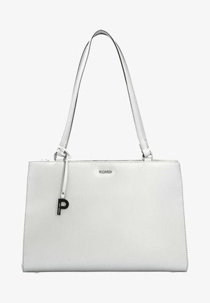 Borsa a mano bianca in pelle con un design strutturato, caratterizzata da una sottile tracolla, una texture liscia e un logo metallico con un dettaglio a ciondolo.