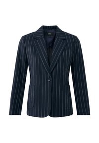 Granatowa marynarka w prążki z klapami z wycięciem, dwoma kieszeniami, pojedynczym zapięciem na guzik i fakturowanym wykończeniem tkaniny.