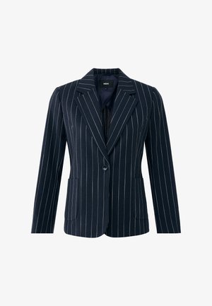 Veste blazer bleu marine à fines rayures avec un col à cran, deux poches, une fermeture à un bouton et une finition en tissu texturé.
