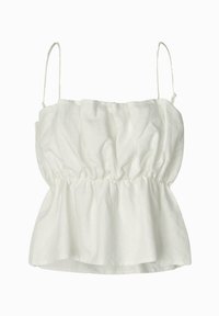 Top de in alb din lenjerie, cu bretele ajustabile, cu un bust plisat și un tiv evazat, având o textură moale și un design casual.
