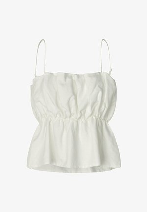 Fehér len tank top, állítható spagetti pántokkal, ráncolt melltartó résszel és szélesedő aljjal, puha tapintással és laza dizájnnal.