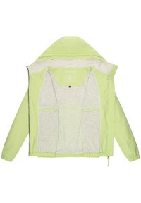 Veste vert clair avec un zip sur le devant, des poignets élastiques et un ourlet ajustable. Doublure intérieure grise avec deux poches avant et une capuche.