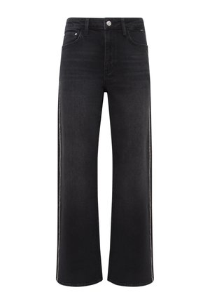 Black wide-leg jeans with a high waist, featuring a front button closure, side pockets, and contrasting stitching along the outer seams.