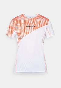 White short-sleeve athletic shirt with orange diagonal stripes on top and "TERREX" logo in black at the center chest.