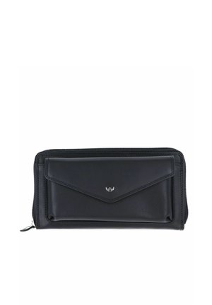 Black zip-around wallet with front envelope pocket and small silver logo on pocket flap, made of smooth leather.