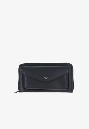 Portefeuille noir avec fermeture éclair sur tout le tour, poche avant en forme d’enveloppe et petit logo argenté sur le rabat de la poche, en cuir lisse.