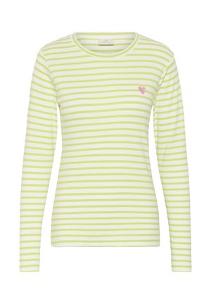 Hosszú ujjú fehér ing világoszöld vízszintes csíkokkal és egy kis rózsaszín szív emblémával a bal mellrészen.