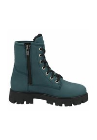 Teal ankle boots made of synthetic material featuring a front lace-up design, side zipper, and rugged black rubber sole.