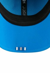 Blue cap with black underside, featuring a smooth finish and a patterned accent on the brim with three geometric shapes in blue and white.
