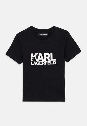 Black cotton t-shirt featuring a white logo that reads "KARL LAGERFELD" across the front, round neckline, and short sleeves.