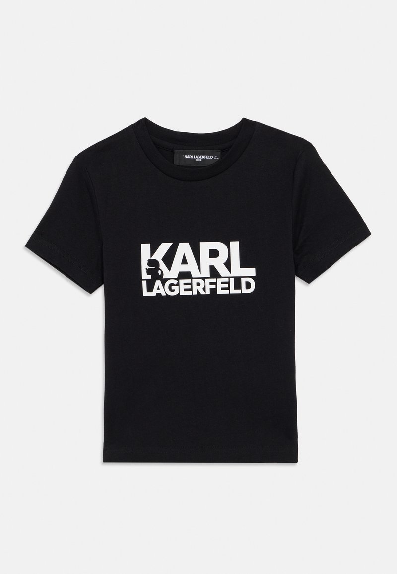 Tricou negru din bumbac cu un logo alb pe partea din față pe care scrie „KARL LAGERFELD”, cu guler rotund și mâneci scurte.