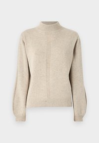 Beige ullstickad tröja med hög krage, strukturerad kropp, ribbade muddar och detaljerad mittpanel. Avslappnad passform.