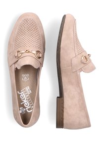 Beige suede loafers with perforated detailing, gold chain accent, flat heel, and rounded toe. Interior features subtle logo design.