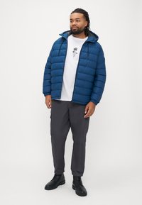 Blue puffer jacket with a hood, featuring horizontal stitching, worn over a white graphic t-shirt and gray cargo pants, paired with black boots.