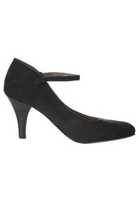 Zapato de tacón alto de ante negro con punta afilada y una delgada correa en el tobillo, con un tacón texturizado para mayor agarre y soporte.
