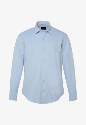 Lys blå langærmet skjorte lavet af glat stof, med knaplukning foran, klassisk krave og diskret logo-broderi på brystet.