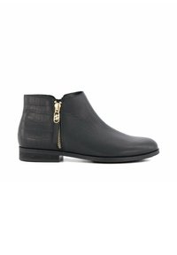 Black leather ankle boot with a textured crocodile pattern on the back, side gold zipper, and flat rubber sole. Smooth finish throughout.