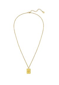Zelta kaklarota ar savītu ķēdi, kurai ir taisnstūrveida piekariņš ar saules stara dizainu un neliela regulējama sprādze.