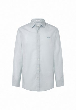 Světle modrá košile s dlouhým rukávem a límečkem, jemným tečkovaným vzorem a zapínáním na knoflíky. Obsahuje malé vyšívané logo na horní části hrudi.
